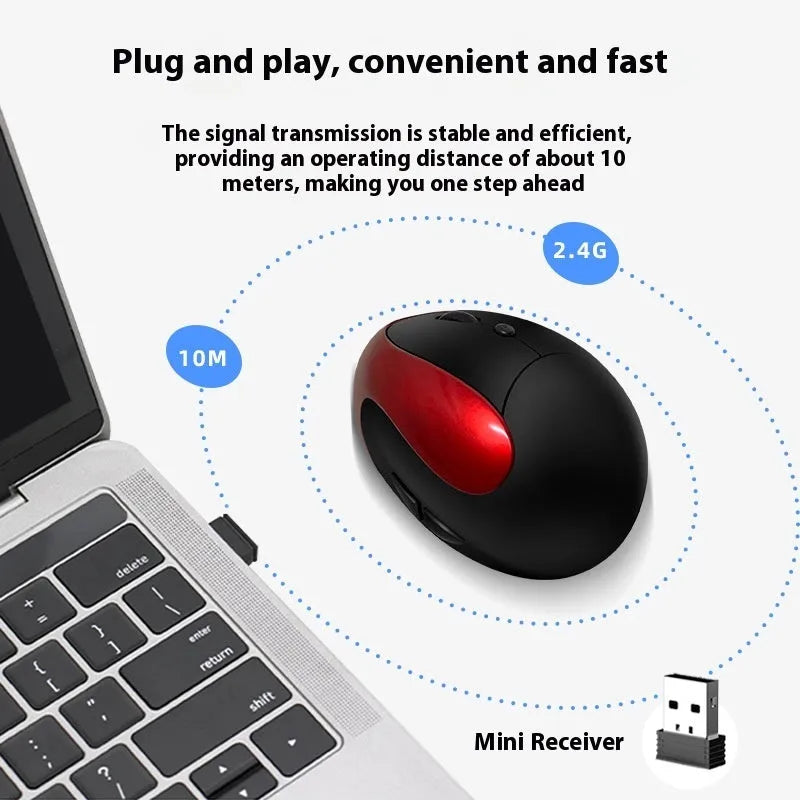 Three Generations wireless vertical ergonomic mouse in black, shown on a desk next to a laptop.