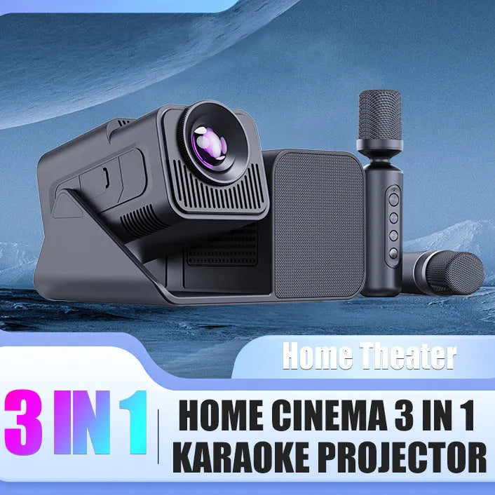 Black three-in-one karaoke singing projector with microphone and 720p display