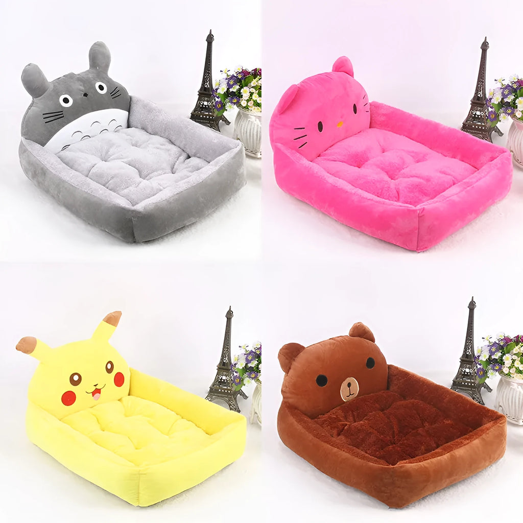 Cartoon print washable pet sofa bed for a small dog or cat, shown in blue, brown, gray, pink, or yellow.