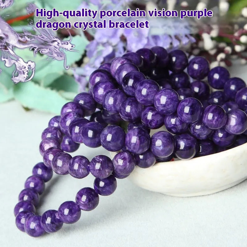 Transparent charoite crystal bracelet on a platinum metal band, showing different bead size options.