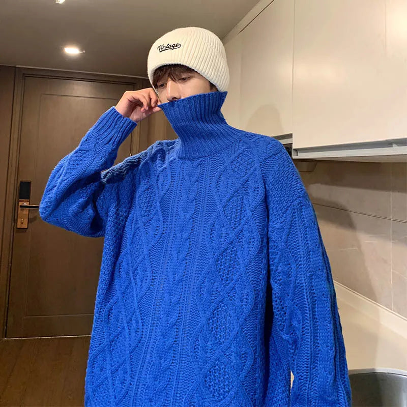 Japanese-style retro green jacquard turtleneck sweater, loose-fit wool-blend pullover for casual wear