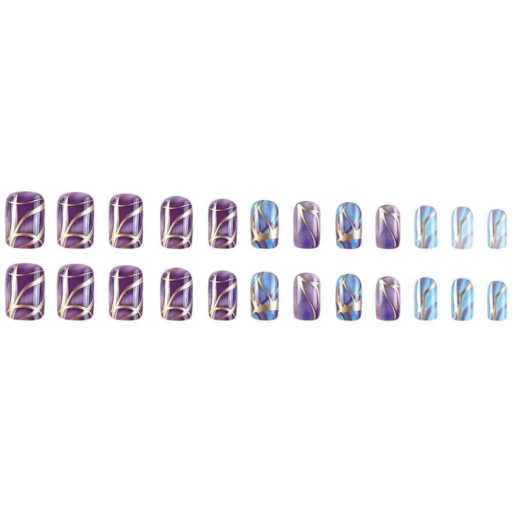 Mid-length purple and white striped nail art stickers on a clear background.
