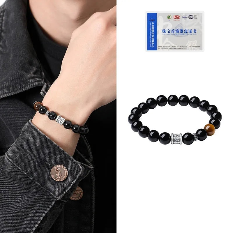 Men's obsidian and silver six-word mantra bracelet with 10mm prayer wheel beads and hand-woven construction