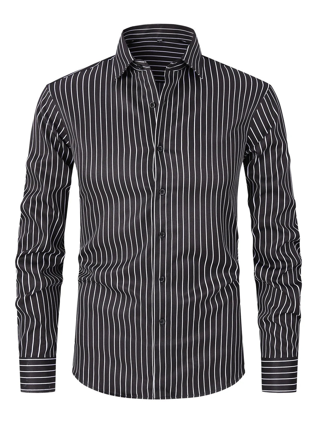 Men's slim fit striped long sleeve business shirt in a cardigan style on a hanger.
