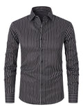 Men's slim fit striped long sleeve business shirt in a cardigan style on a hanger.
