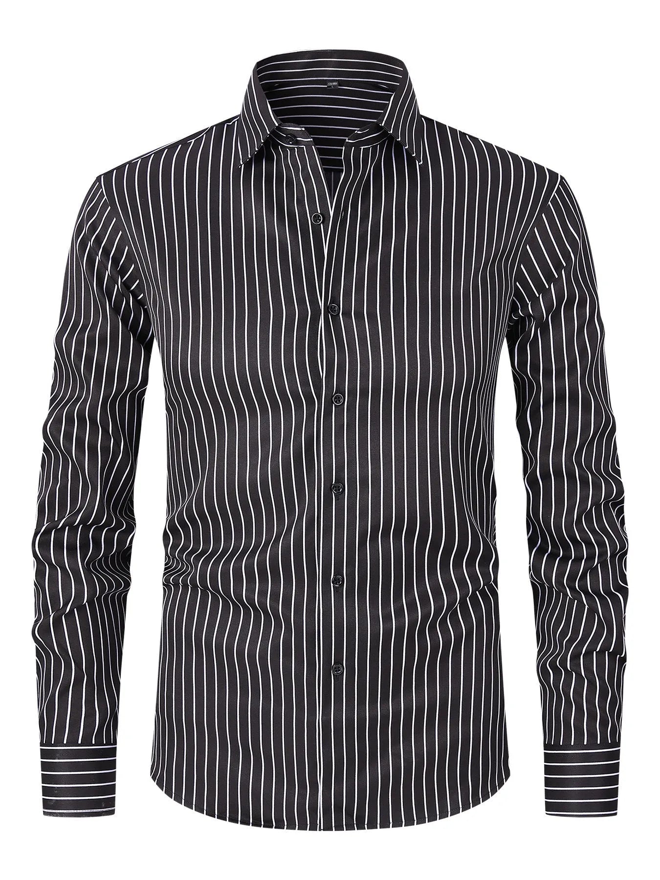 Men's slim fit striped long sleeve business shirt in a cardigan style on a hanger.