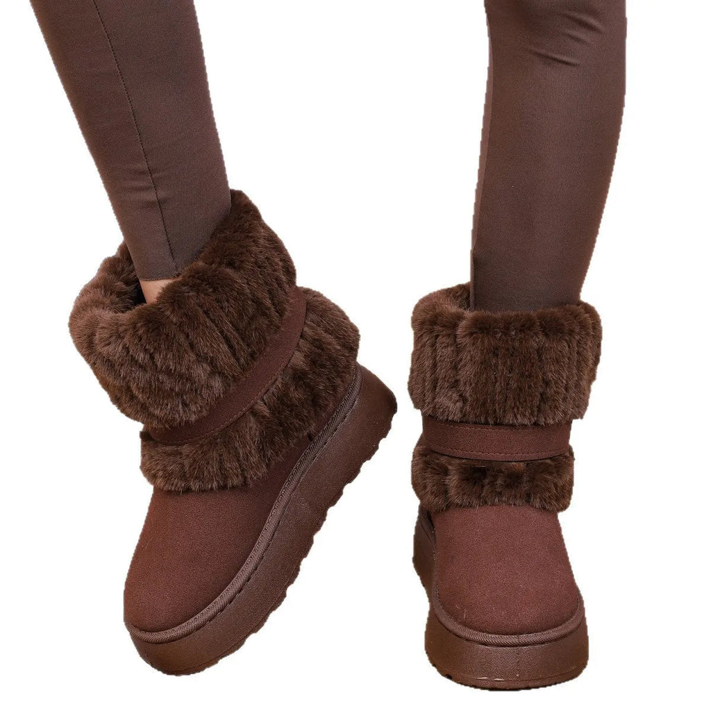 Women's plus size snow boots in black, beige, or brown with fleece lining and non-slip rubber sole, sizes 36-43.
