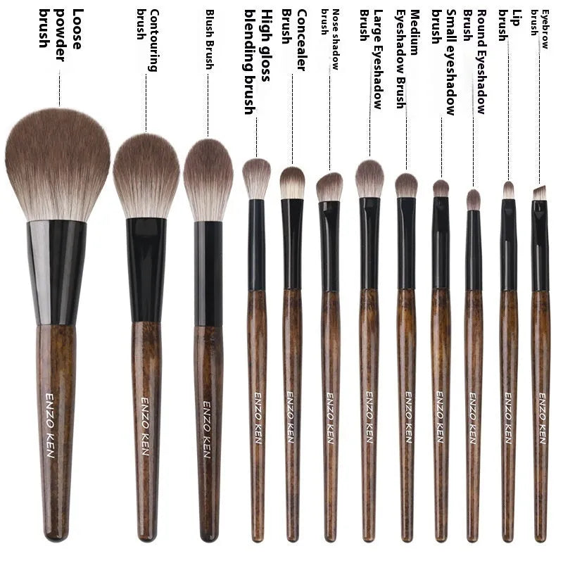 12-piece makeup brush set with wooden handles and portable black case