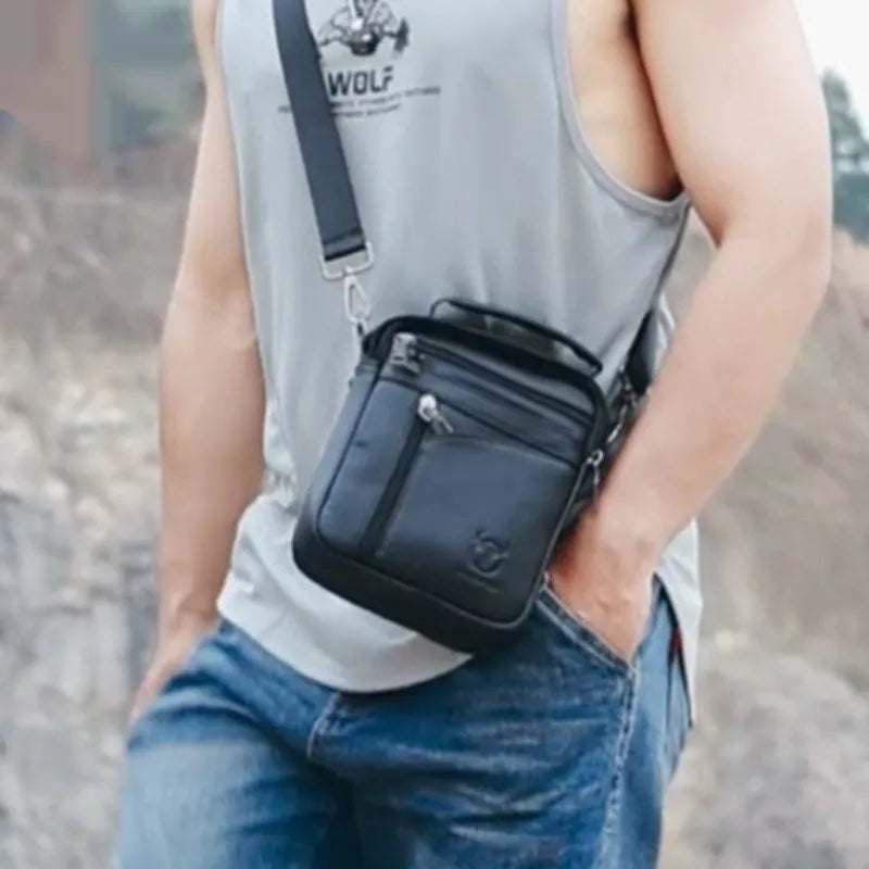 Men's black genuine leather shoulder messenger bag with retro styling and adjustable strap