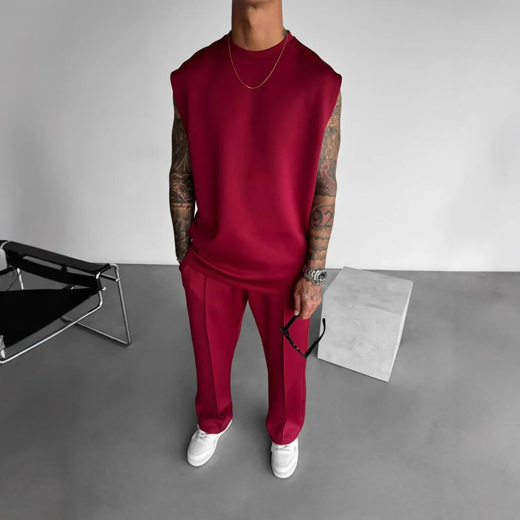 Men's polyester trousers and vest suit set in eight colours, sizes S to XXL, simple summer style