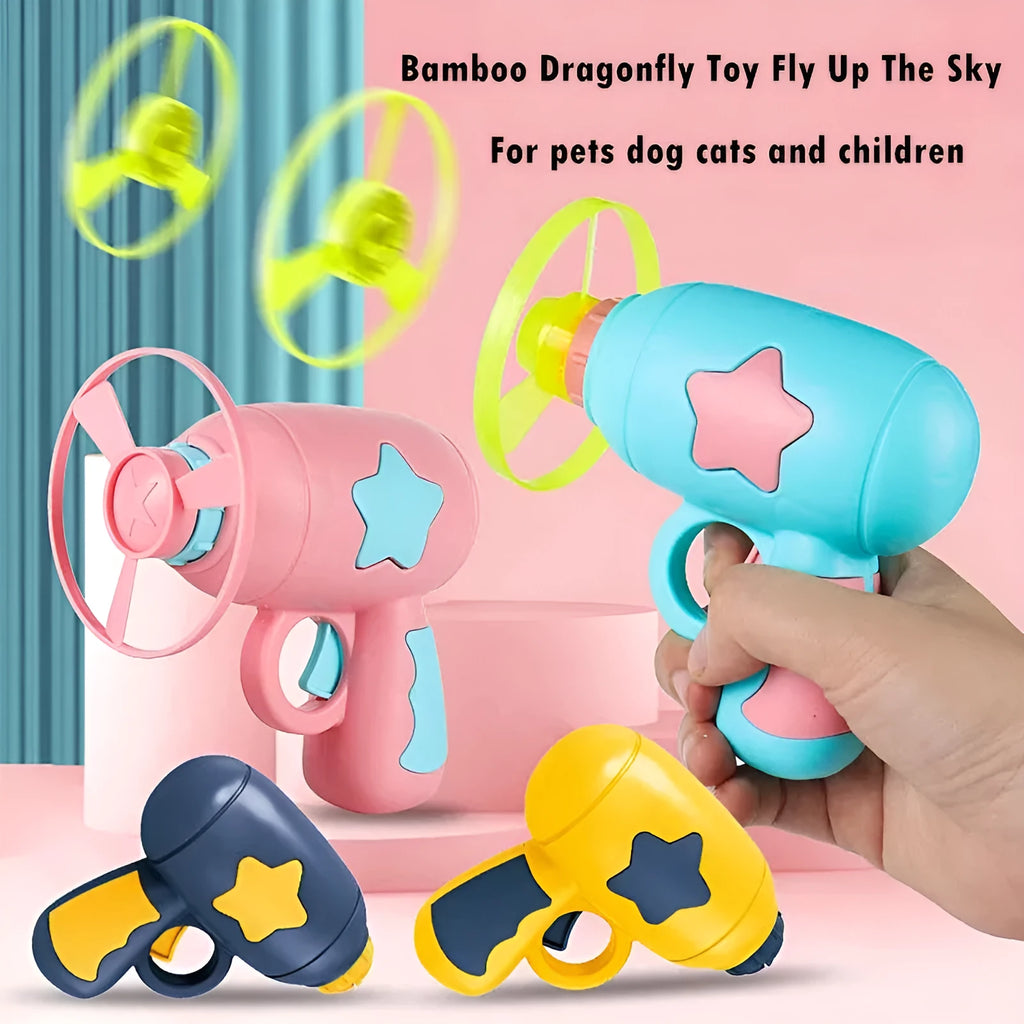 Flying saucer launcher toy set with plastic disc shooter gun, flashing discs, and target board, in blue, navy, pink, and yellow
