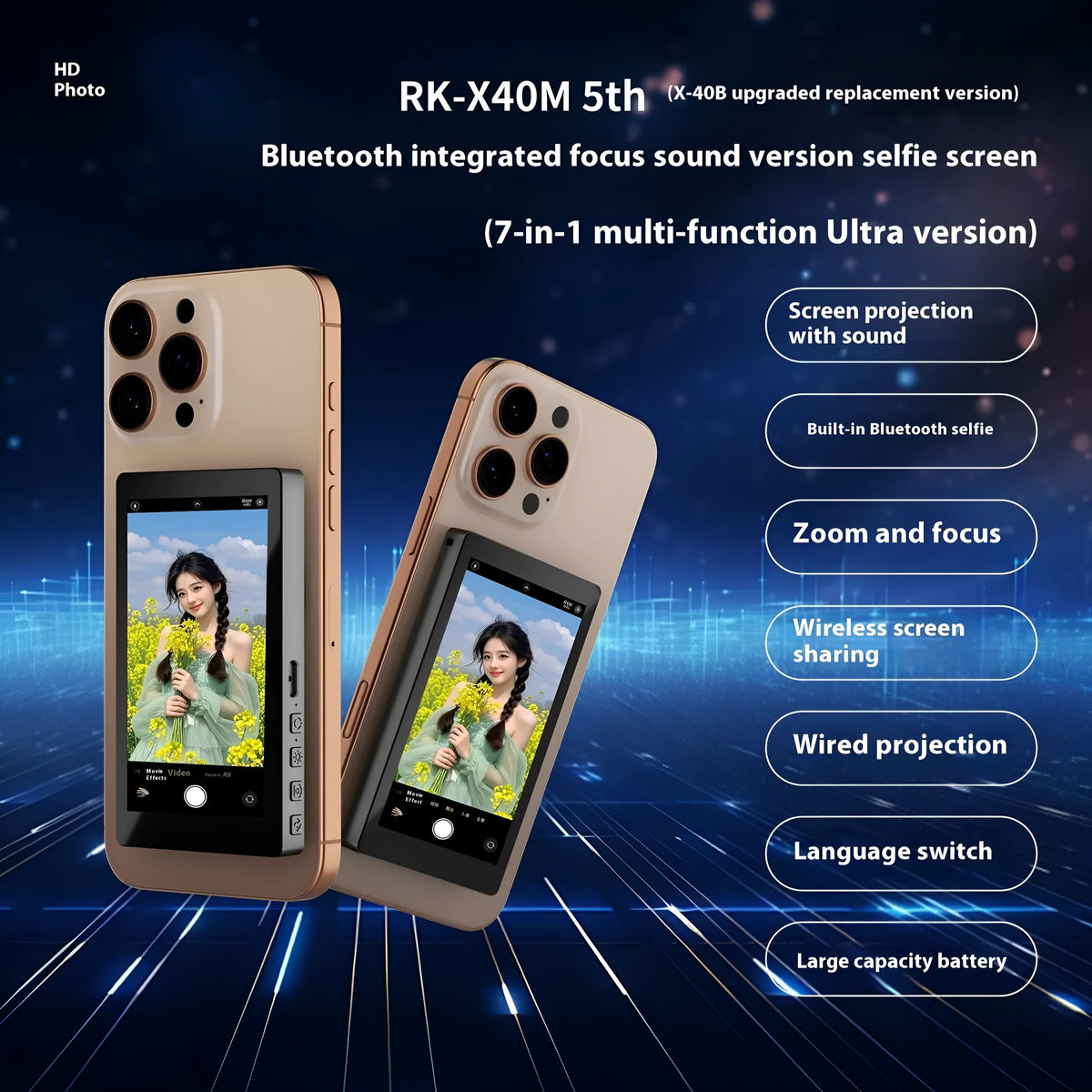 Mobile phone rear magnetic selfie display with audio zoom and screen projector, 103.48x60.98x12.5mm, black grey white