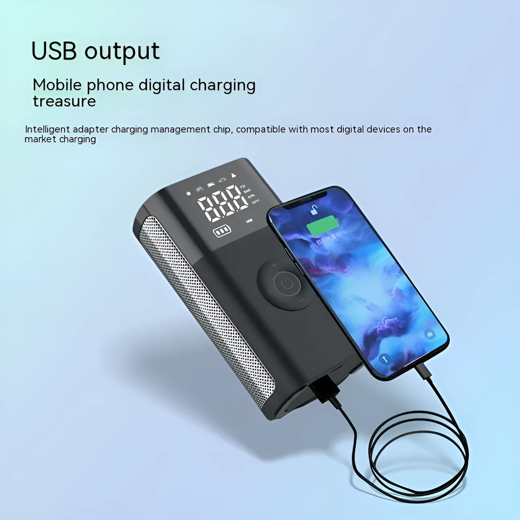 Wireless handheld digital display air pump with LED light and accessory nozzles for car and bicycle tyres