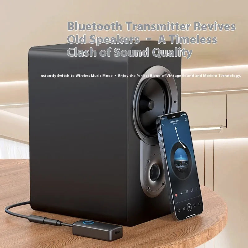 Black Bluetooth 5.4 audio adapter with a 3.5mm aux plug for wireless music streaming.