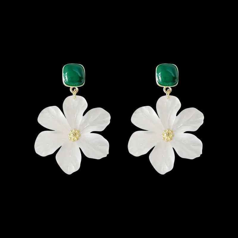 Dark green floral design alloy drop earrings for women with earwire fastening