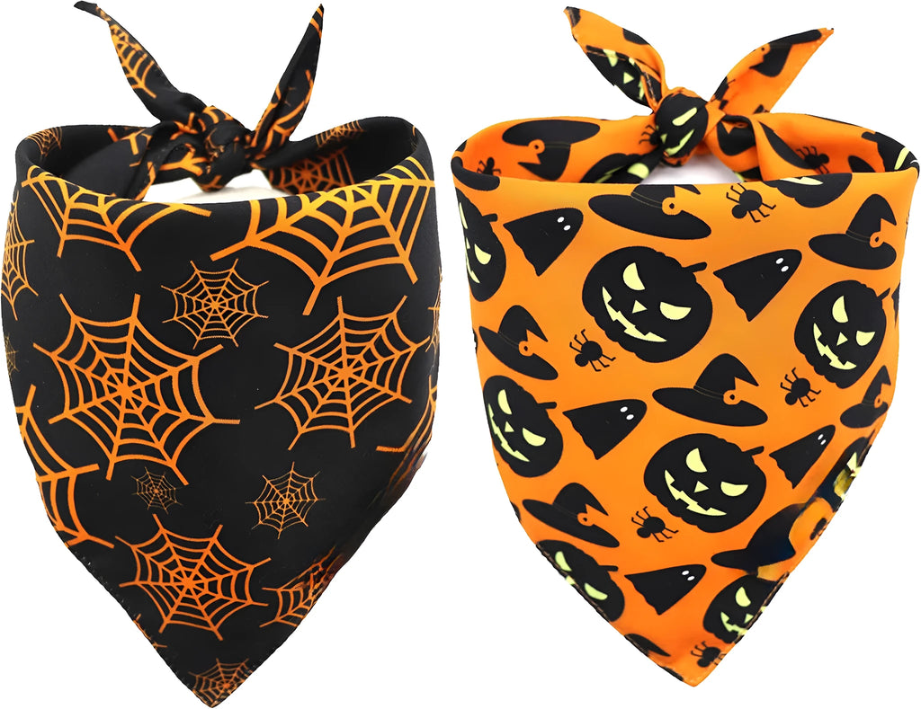 Black and orange reversible Halloween dog bandana showing pumpkin and spider web patterns with adjustable neck closure