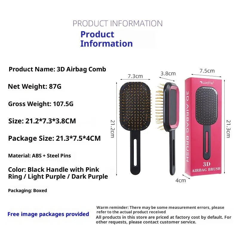 3D air cushion comb with steel needles, black handle pink ring, light purple or dark purple, boxed, handle over 20cm