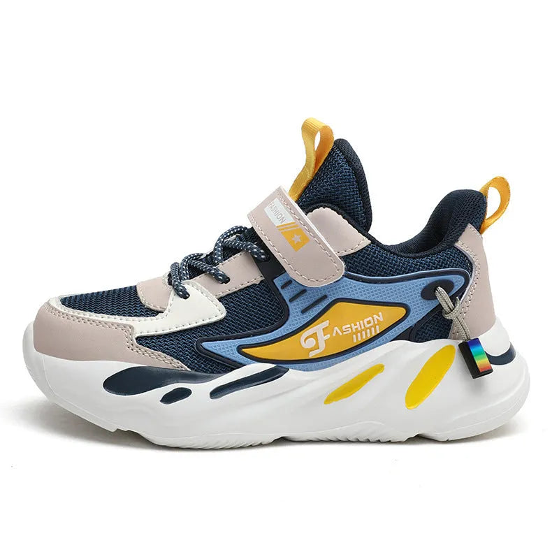 Boys' dark blue and black platform sports shoes with Velcro strap and mesh upper