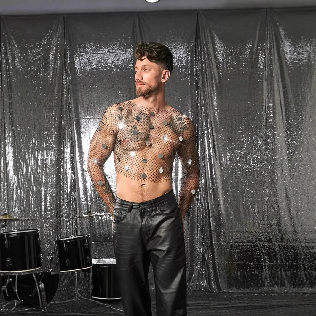 Men's black nylon fishnet vest with diamond sequin detailing, loose street-style sleeveless top