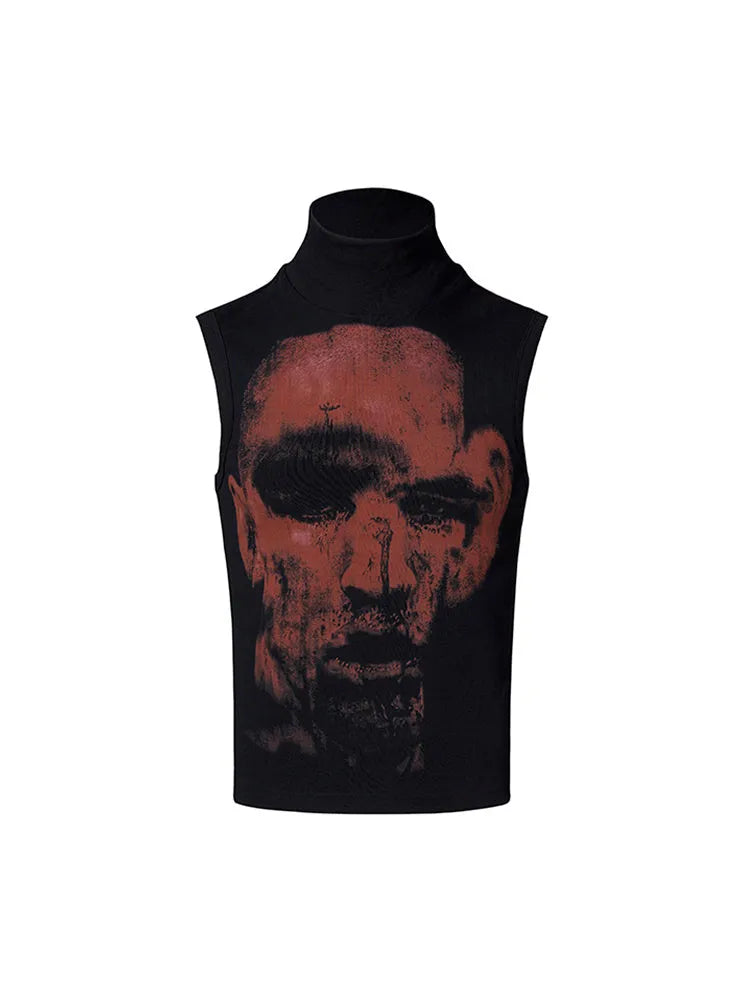 Black half turtleneck slim-fit sleeveless T-shirt with character pattern print