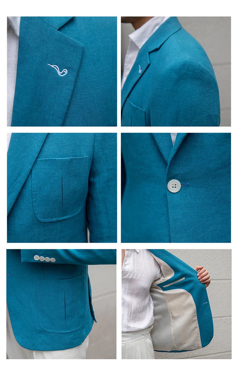 Thin breathable 100% linen casual suit jacket with double-breasted button placket in white, sky blue, and caramel colours