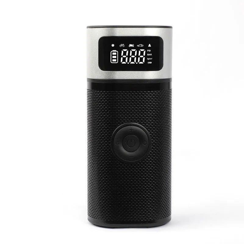 Black portable wireless air pump with 15cm tube and multiple nozzles for vehicle tyres, bicycles and swimming rings