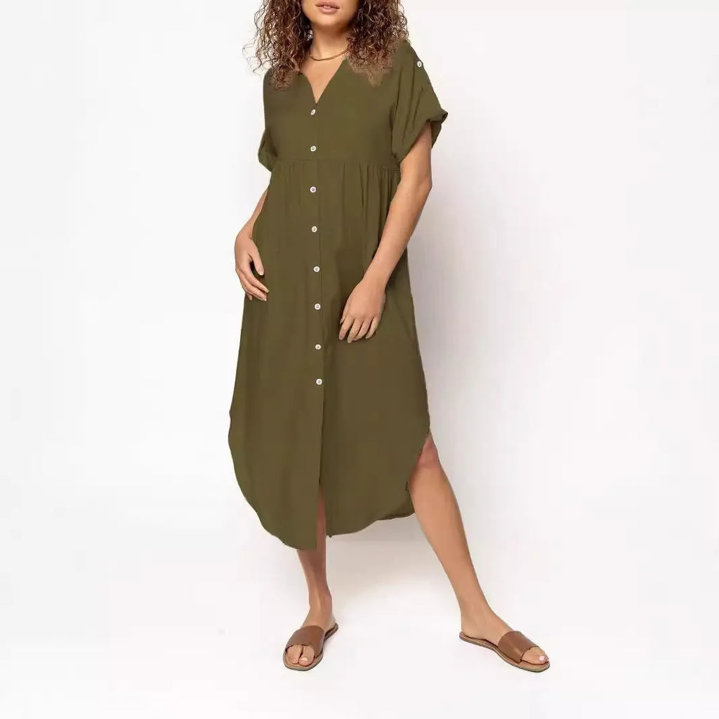 Women's button-front casual midi dress in polyester fabric with loose fit and regular sleeves