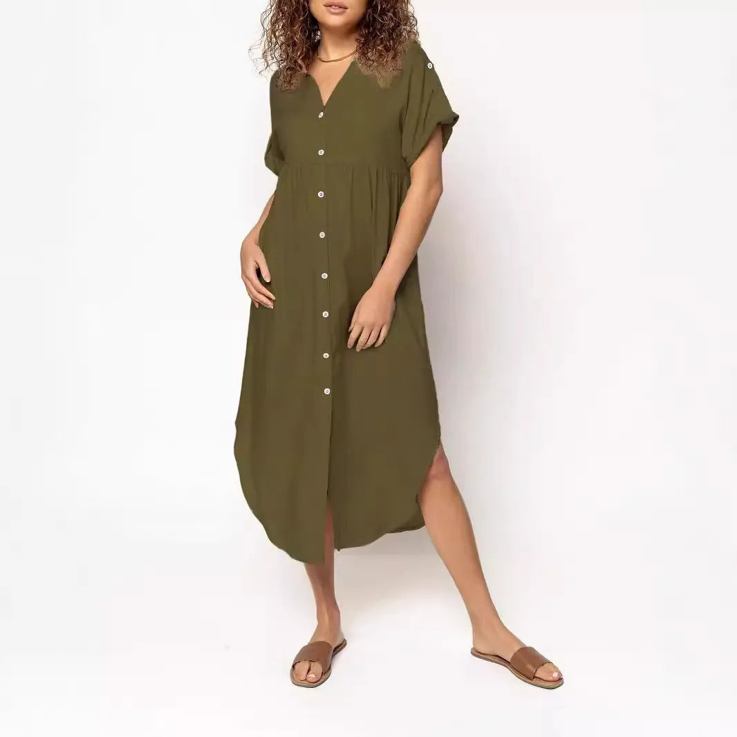 Women's button-front casual midi dress in polyester fabric with loose fit and regular sleeves