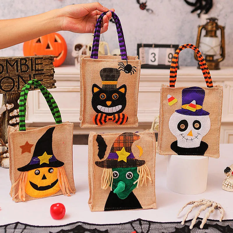 Halloween candy tote bag in linen with witch skull pumpkin and black cat designs for kids