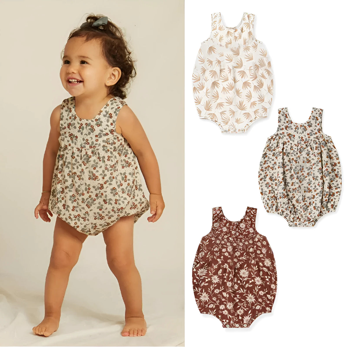 Cotton sleeveless baby romper in floral pattern, triangle jumpsuit style, shown in beige leaves colour, sizes 66cm to 90cm