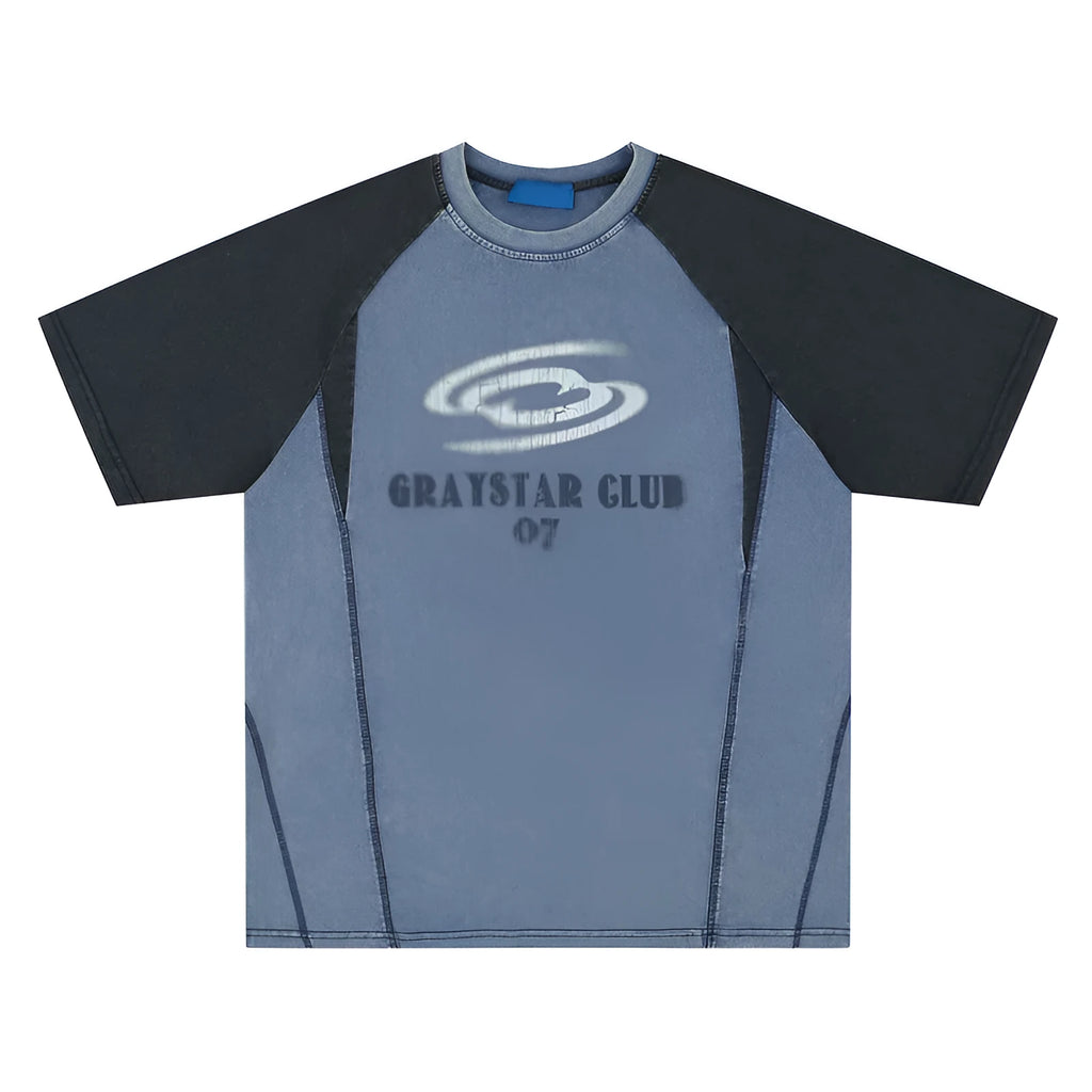 Men's blue hip hop letter print t-shirt with raglan sleeves and loose fit