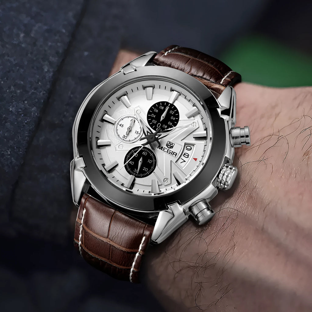 Men's brown and white dial quartz chronograph watch with three sub-dials and luminous markers