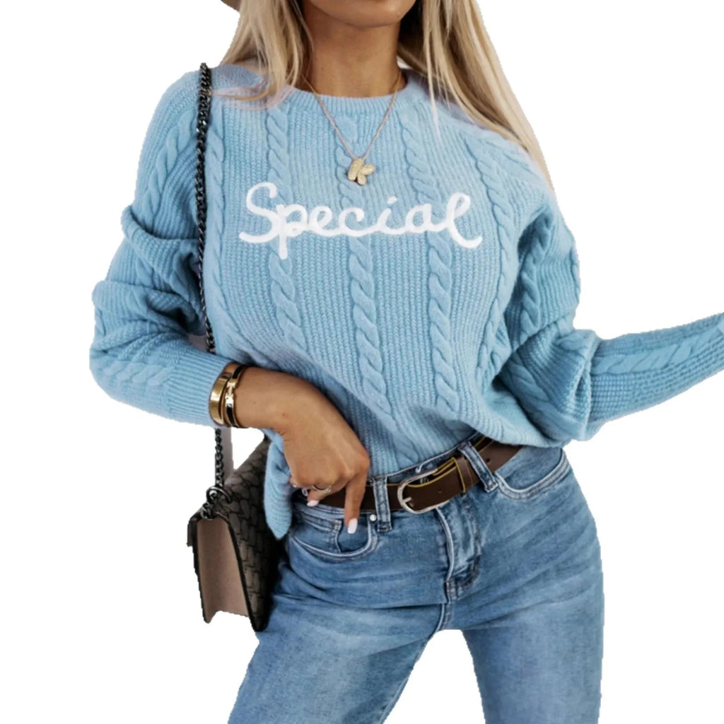 Blue pullover sweater with embroidered lettering crew neck design street fashion knitwear