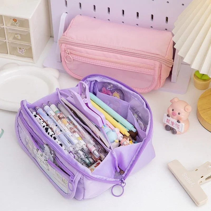 Korean style canvas pencil case with ten-layer flip design open to show multiple pen compartments.