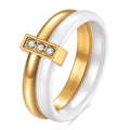 Ceramic geometric ring with glossy stitching and zirconium detail in steel black finish