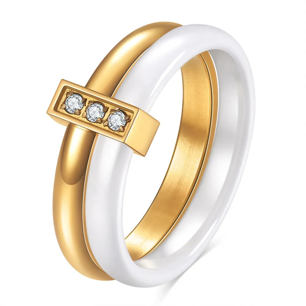 Ceramic geometric ring with glossy stitching and zirconium detail in steel black finish