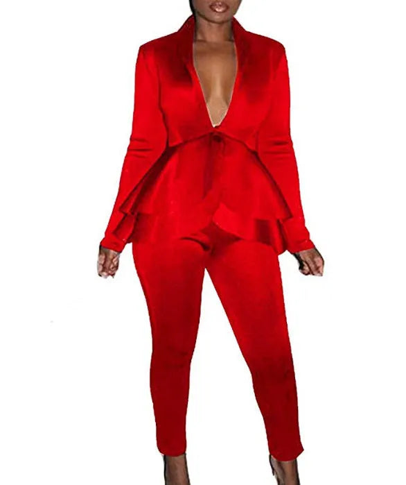Business uniform two-piece set showing ruffled top with matching pencil pants in polyester fabric