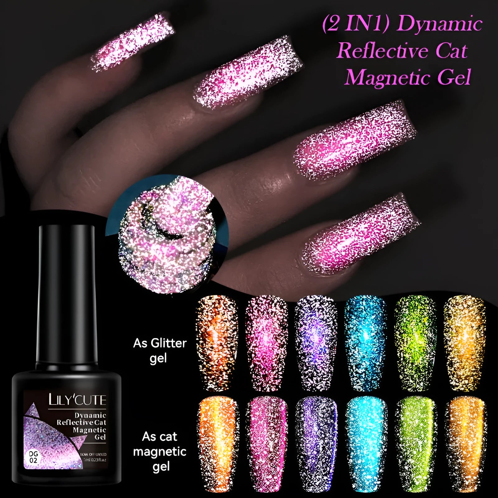 Diamond In The Debris Cat Eye Series UV Gel Nail Polish bottle in one of six glittery colours with nail glue.