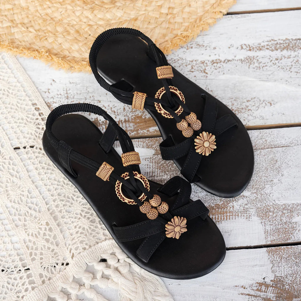 Women's black ethnic beaded flat beach sandals with open toe and elastic band closure