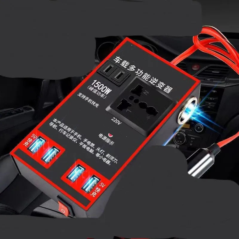 Black automotive power converter transforming vehicle 12V/24V DC to 220V AC with USB charging ports