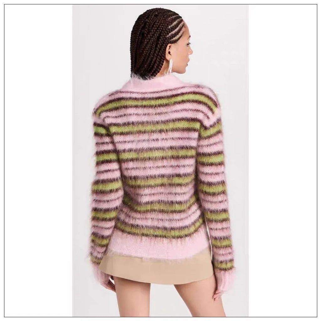 Pink Haima wool knitted cardigan sweater showing round neck pullover and cardigan styling options