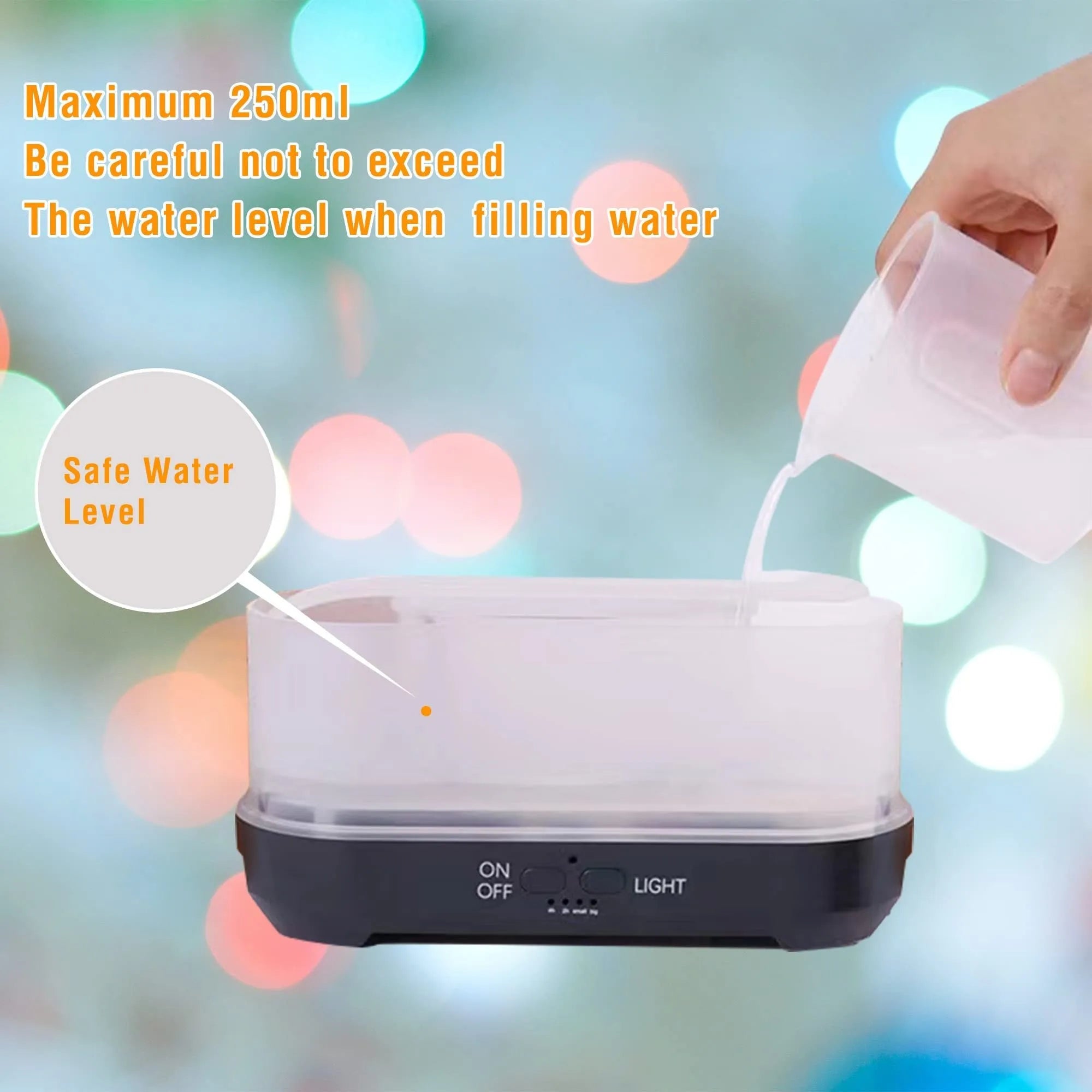 Square desktop humidifier with snowflake wood grain pattern and colourful flame effect illumination