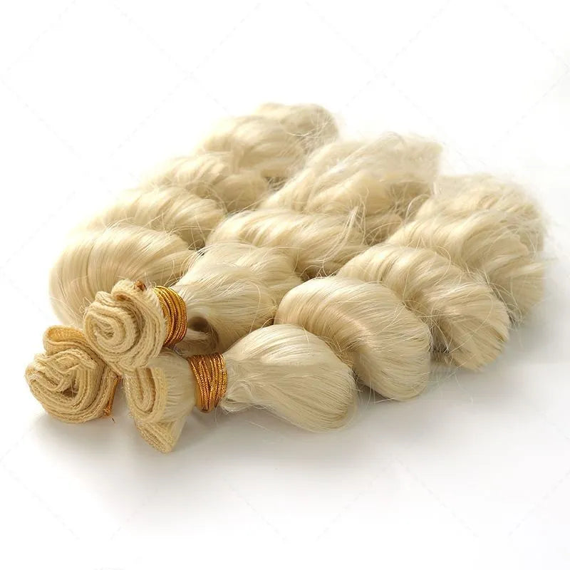 Golden synthetic hair weft wig for women shown in 18, 20, and 22 inch length options.