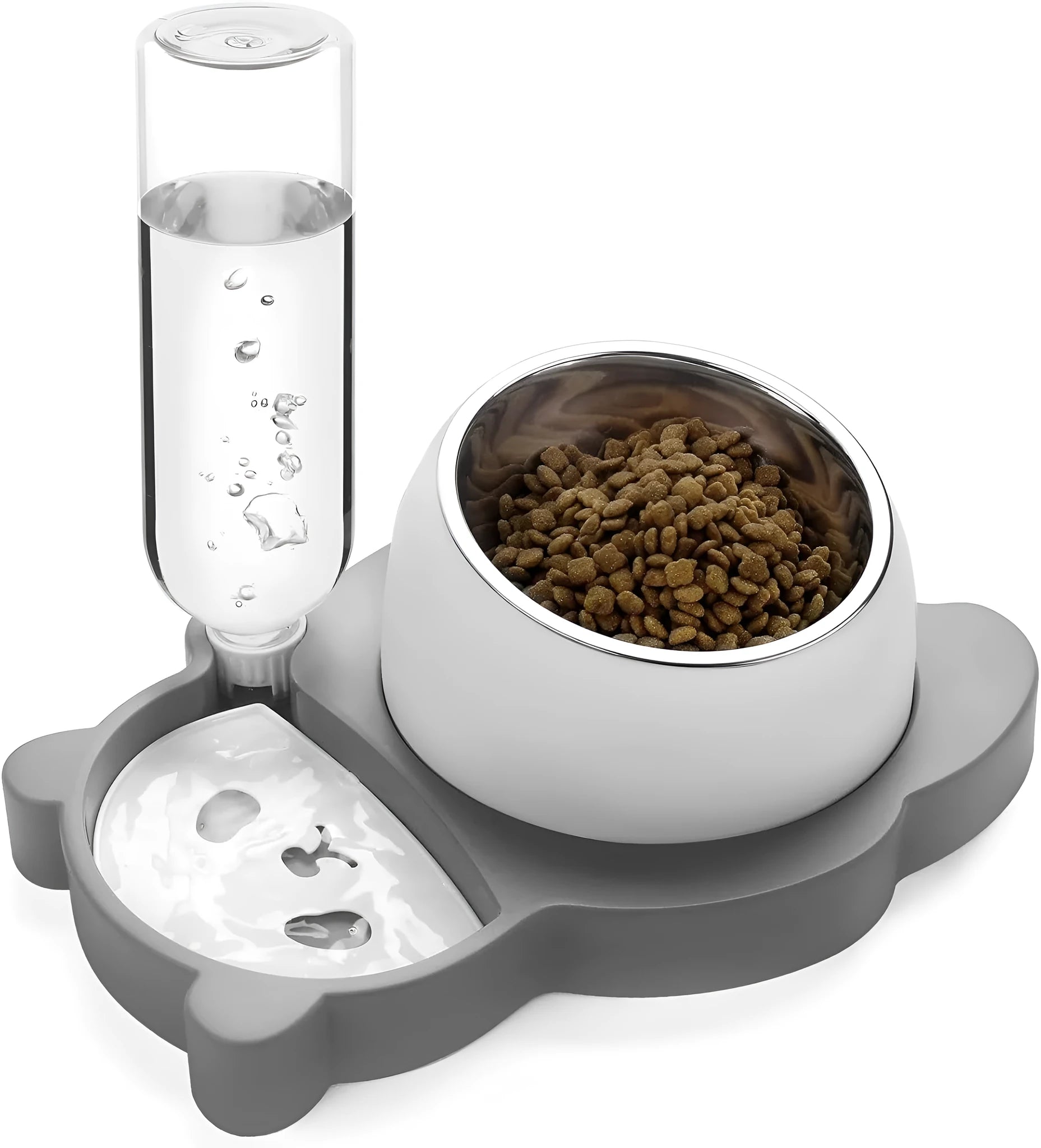 Elevated pet bowl set with panda design, stainless steel dish, and automatic water dispenser bottle