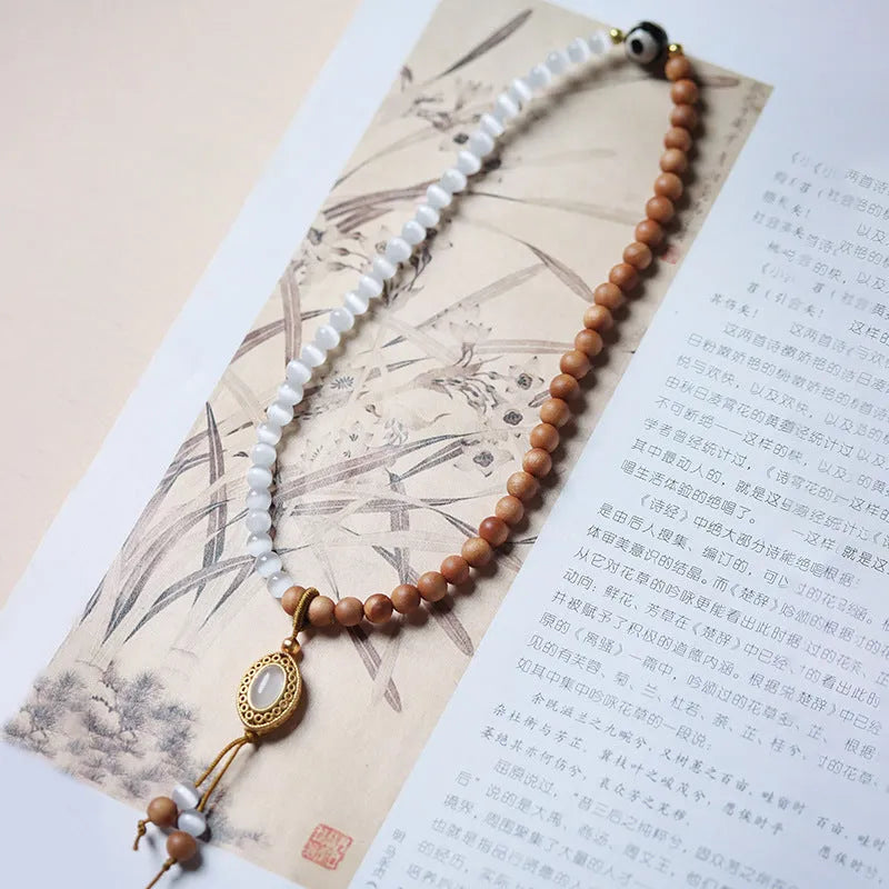 Sandalwood double ring opal women's bracelet with Tibetan beads in retro mixed material design