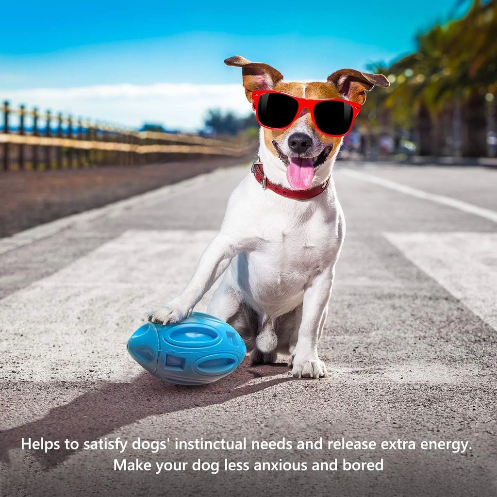 Blue durable natural rubber squeaky dog chew ball toy for aggressive chewers.