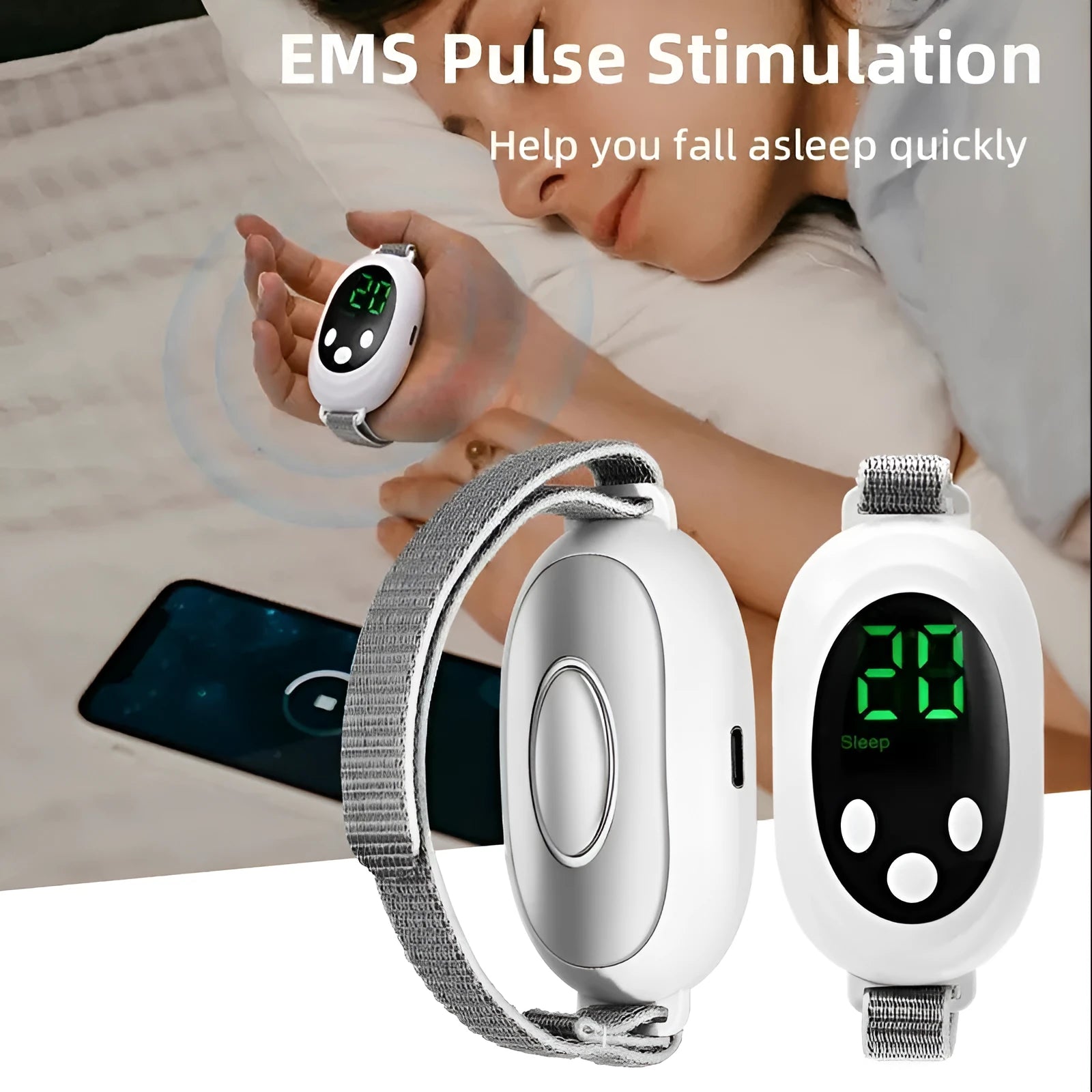 White handheld remote control sleep aid device with attached charging cable and wearable wrist bracelet.