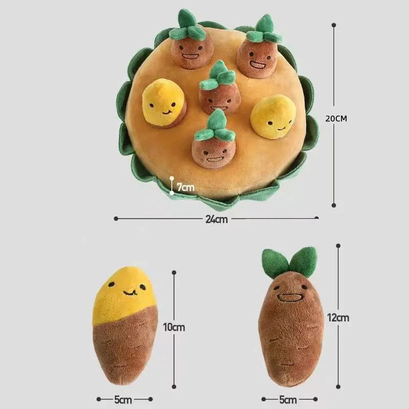 Yellow interactive dog puzzle with removable squeaky plush toys and slow feeder play pads