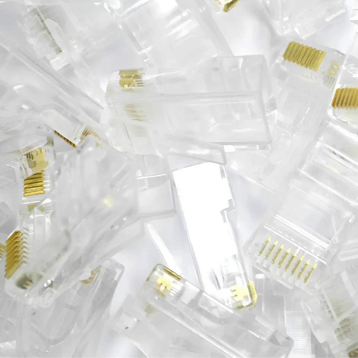 White RJ45 network modular plug with gold-plated three-fork contacts, supplied in 1000-unit bulk pack