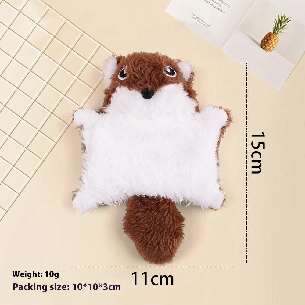 Plush flying squirrel cat teaser toy with ringing paper sound and plastic wand, in brown or gray.